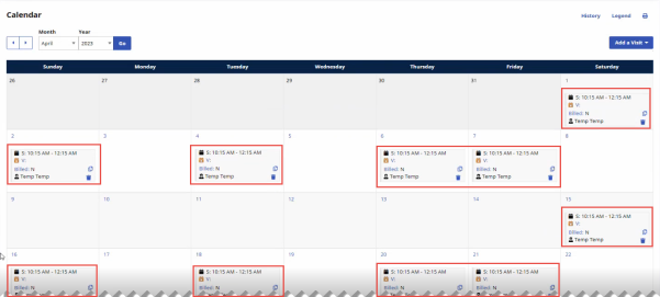 Patient Calendar of Two Week Recurrence Visits Starting on the 1st of the Month